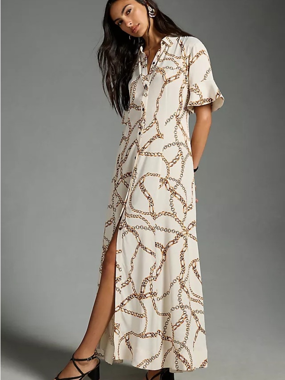 NWT Anthropologie Maeve Cream Chain-Print Button-Front Maxi Dress - M